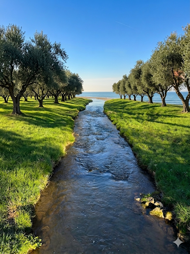 StoaVita Motiv, Olivenhain am Wasser